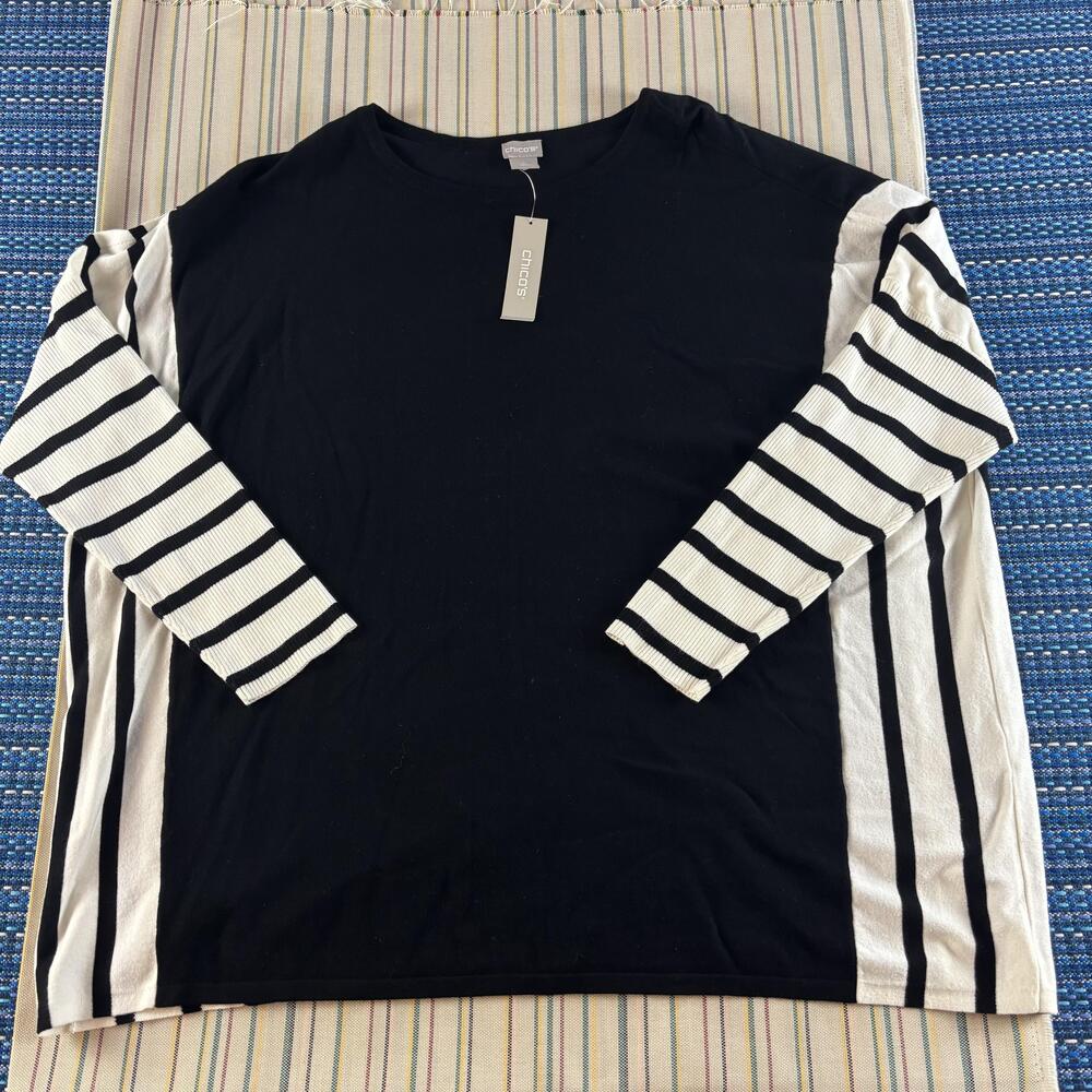 Chico's Sweater Womens 2XL Chico's 4 Black White Stripe Blocked Long Sleeve NWT
